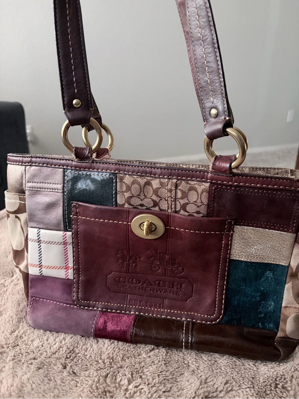 Coach Patchwork Shoulder Bag in Burgundy Multi